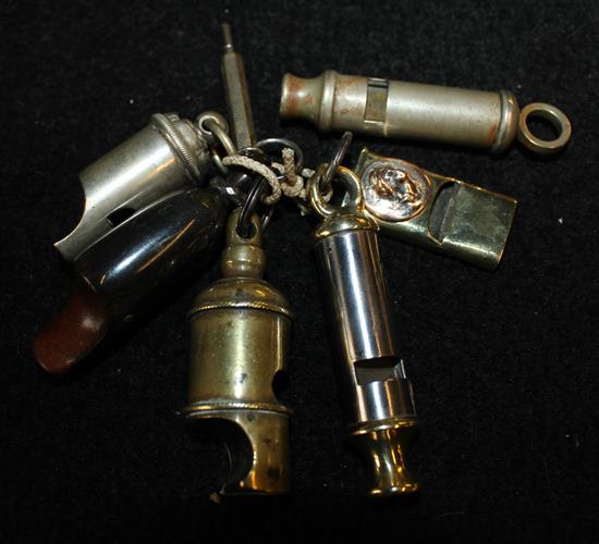 6 metal or horn whistles, 19th/20thcentury